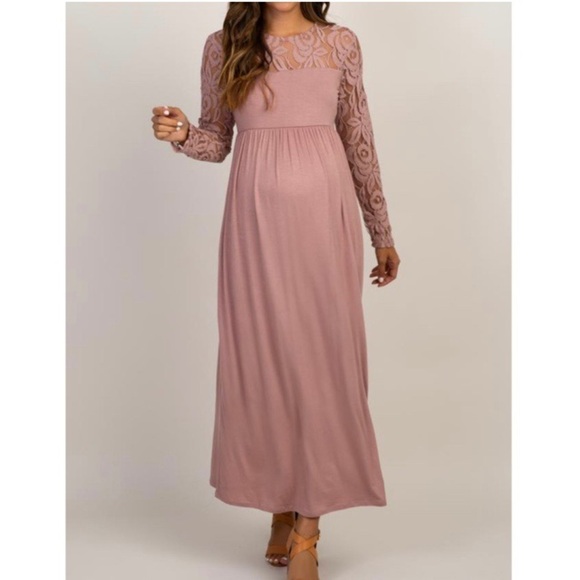 PinkBlush Mauve Lace Sleeve Maternity Maxi Dress - Picture 1 of 8